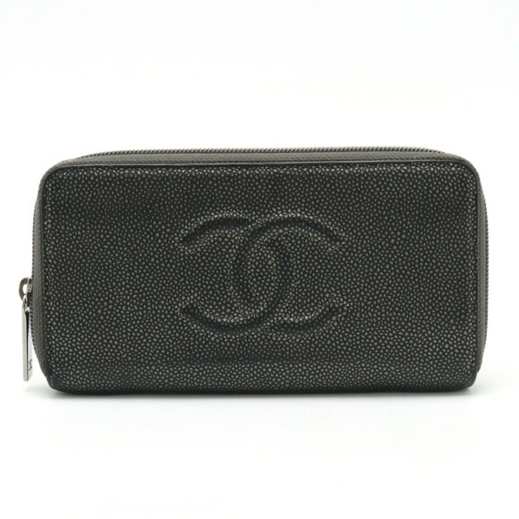 CHANEL Coco Mark Round Long Wallet Caviar Skin Leather Metallic Gray A50071 - Picture 1 of 9